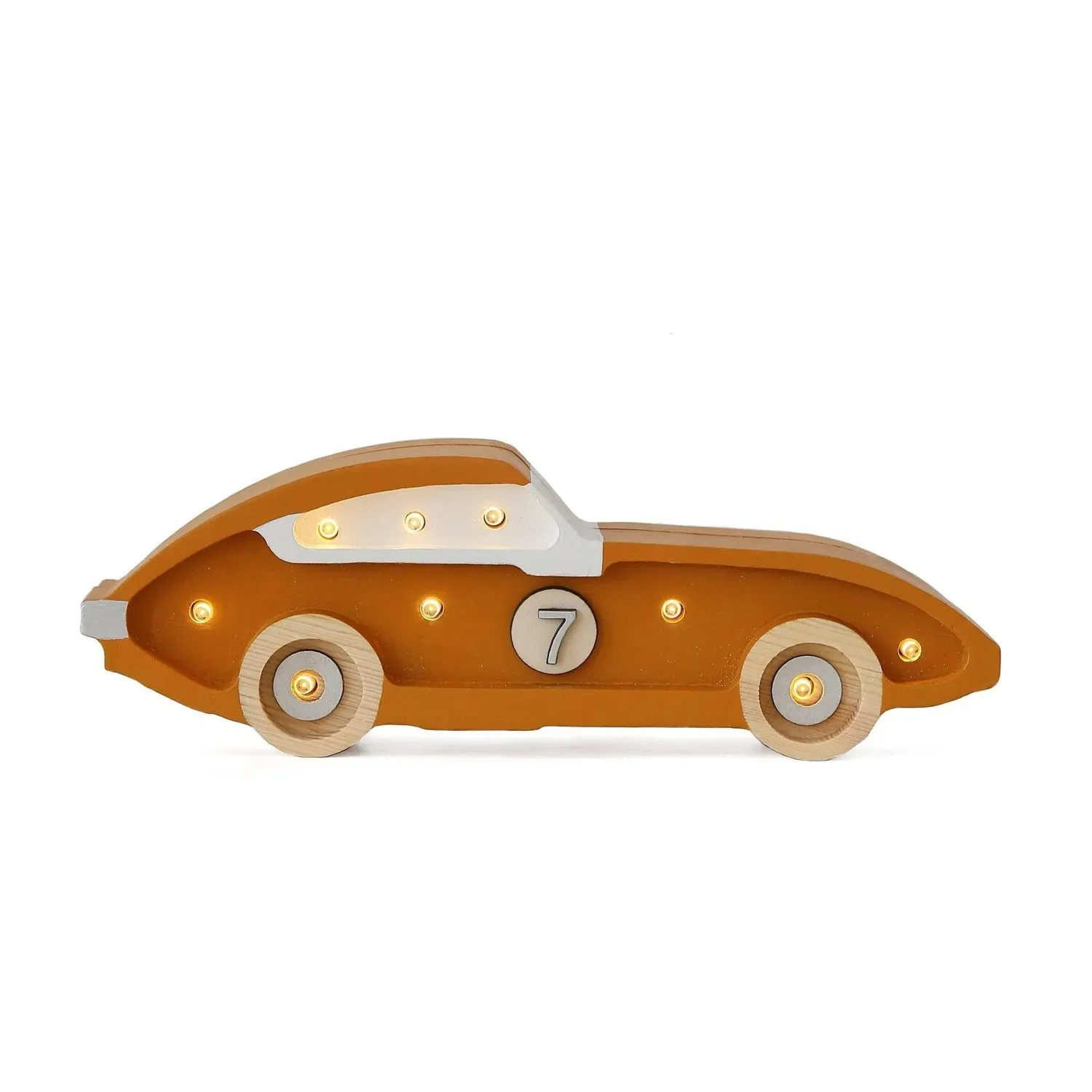 Veilleuse Little Lights pour enfants, mini voiture de course – 100 % pin naturel, couleur : moutarde