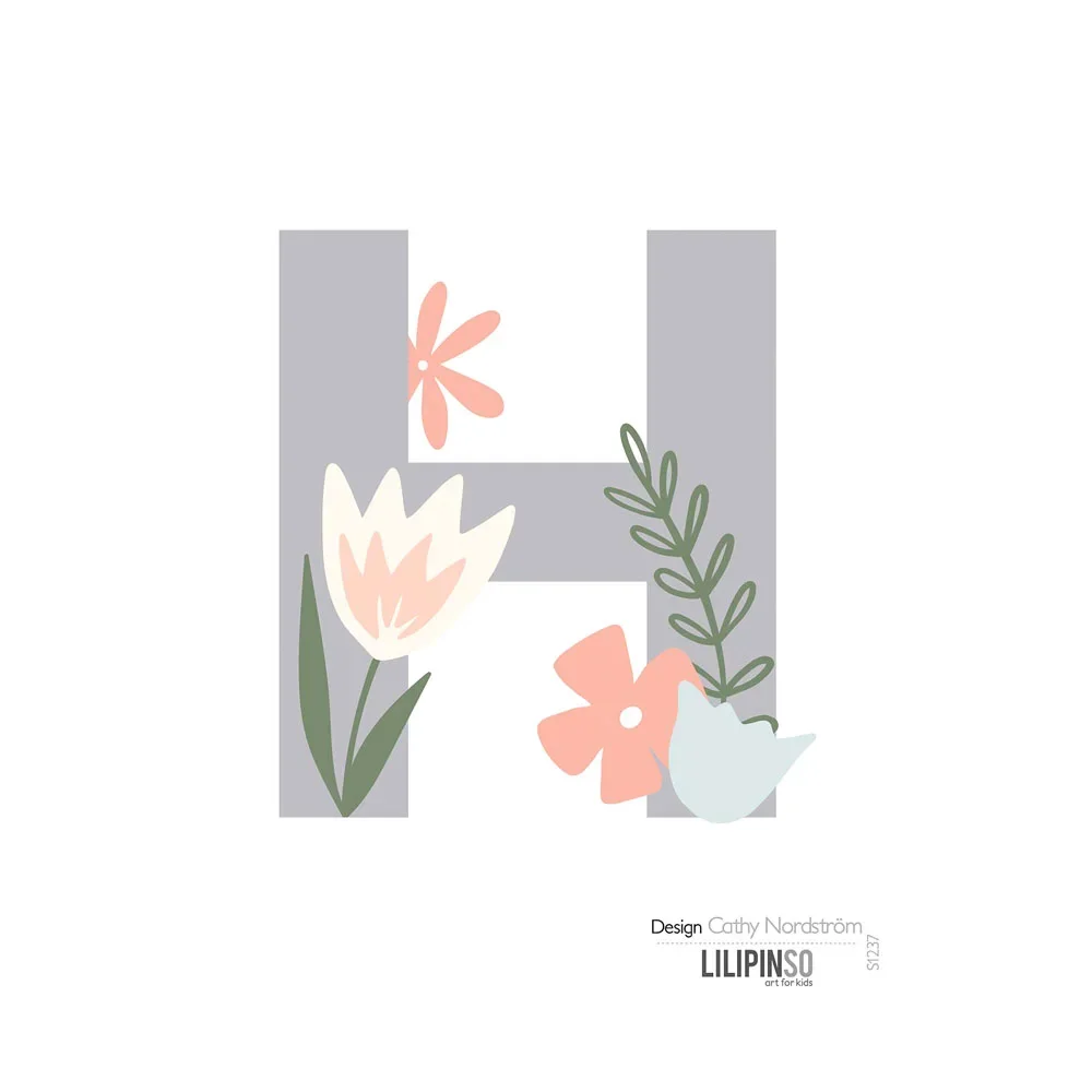 Lilipinso Sticker lettre avec fleurs gris rose pastel H