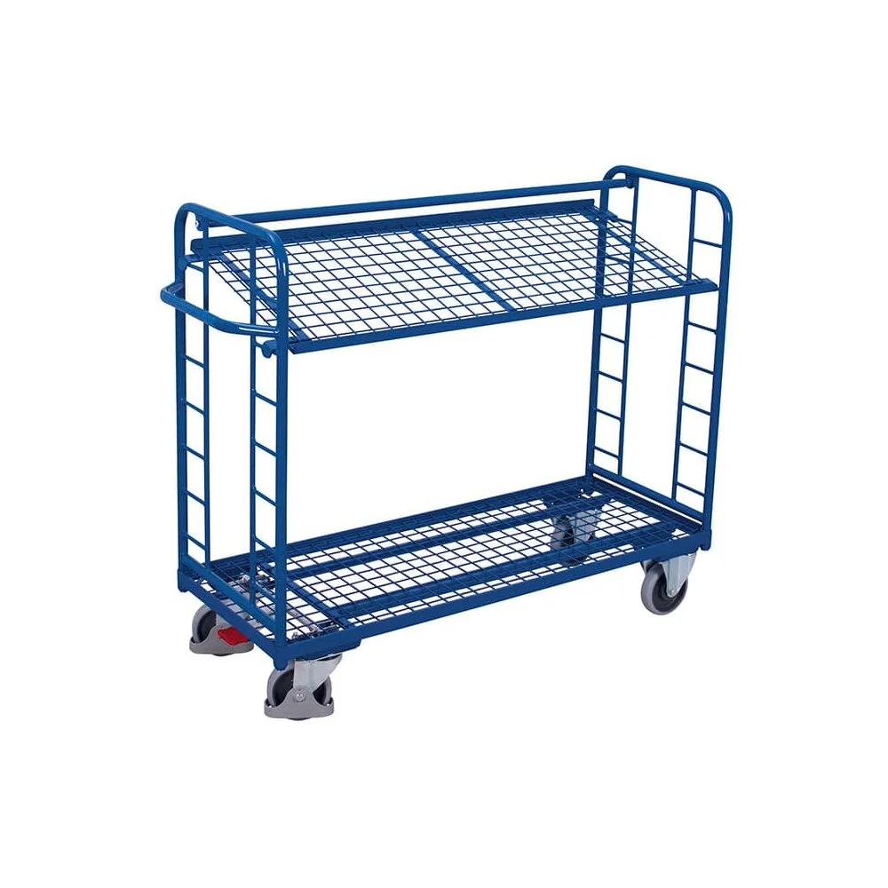 "Chariot à étagères avec 2 plateaux grillagés revêtement en poudre capacité 400 kg Type L + EasySTOP image"
