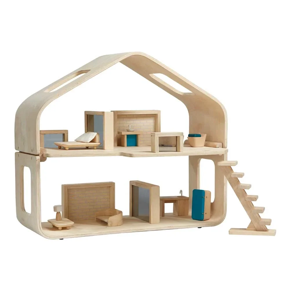 "Plan Toys Maison de poupées moderne meublée bois naturel image"