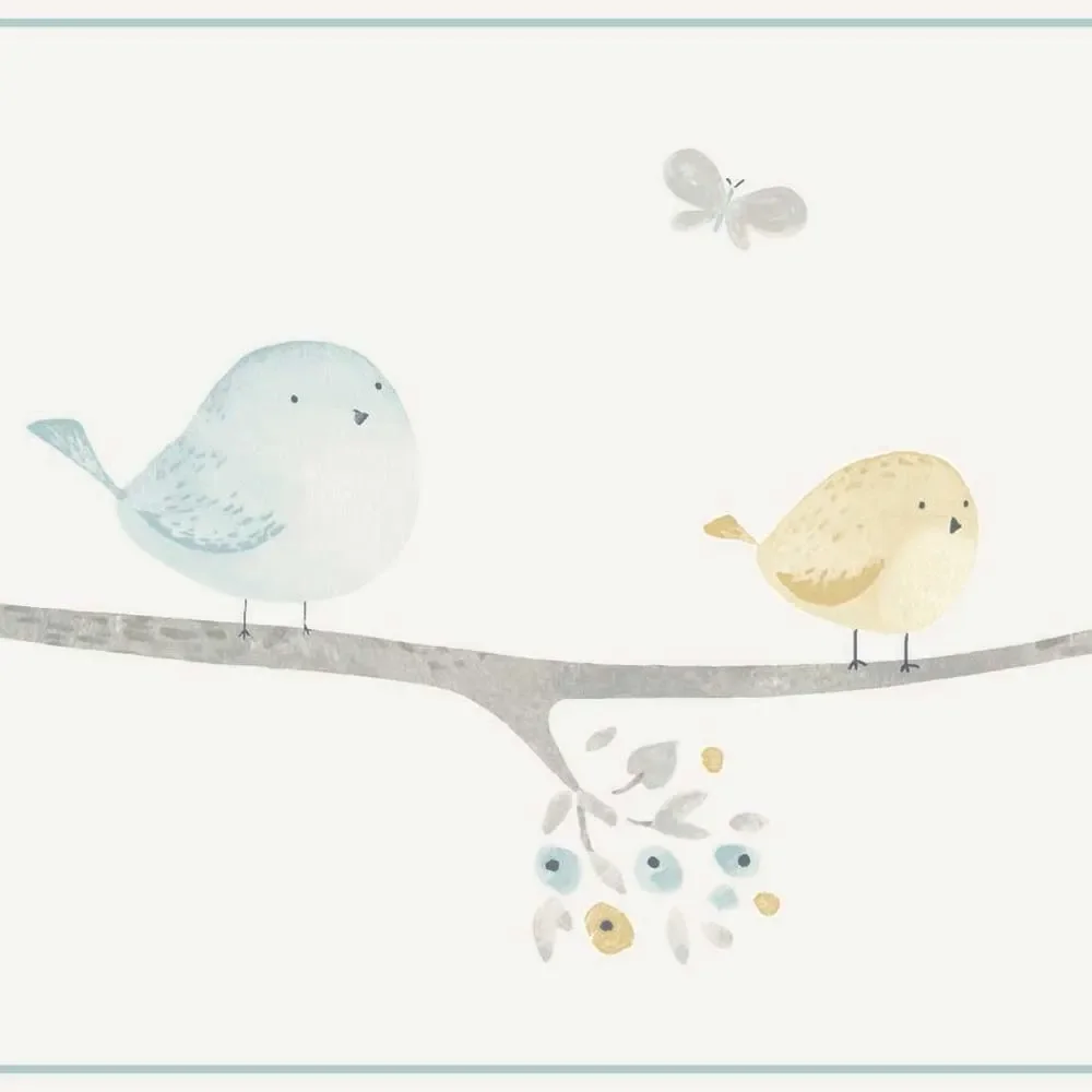 "Casadeco My Little World bordure petits oiseaux bleu gris ocre image"