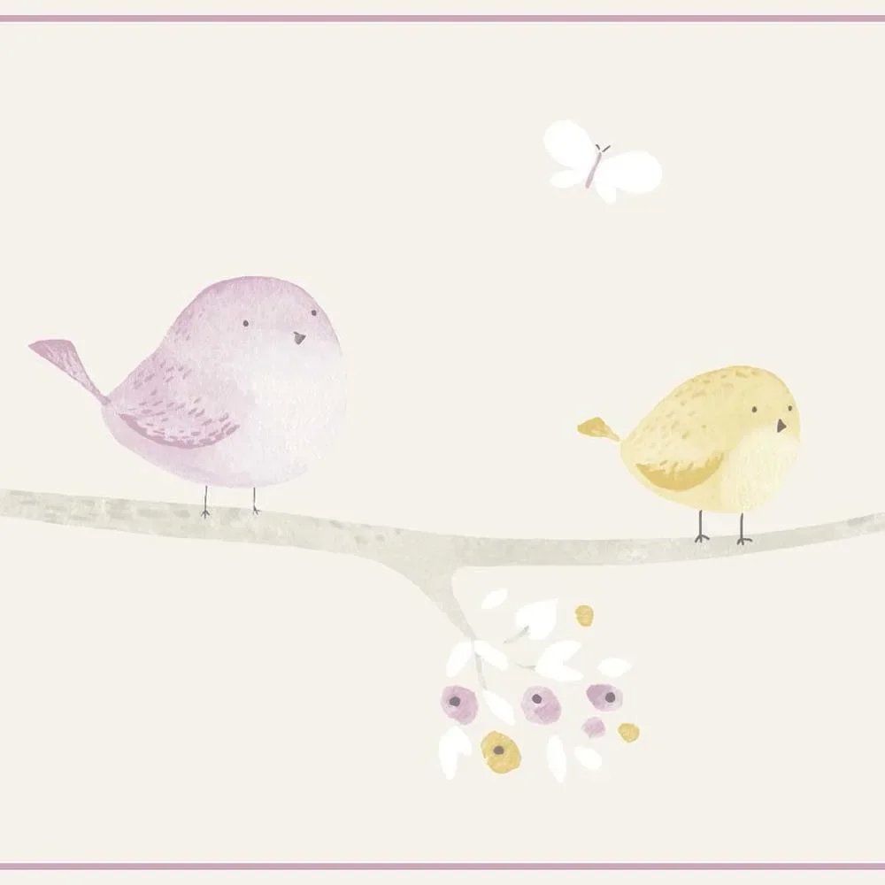 Casadeco My Little World bordure petits oiseaux gris violet lime