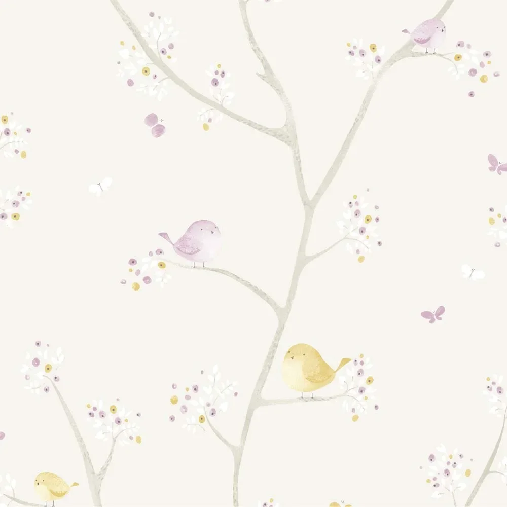 "Casadeco My Little World tissu petits oiseaux violet gris lime image"