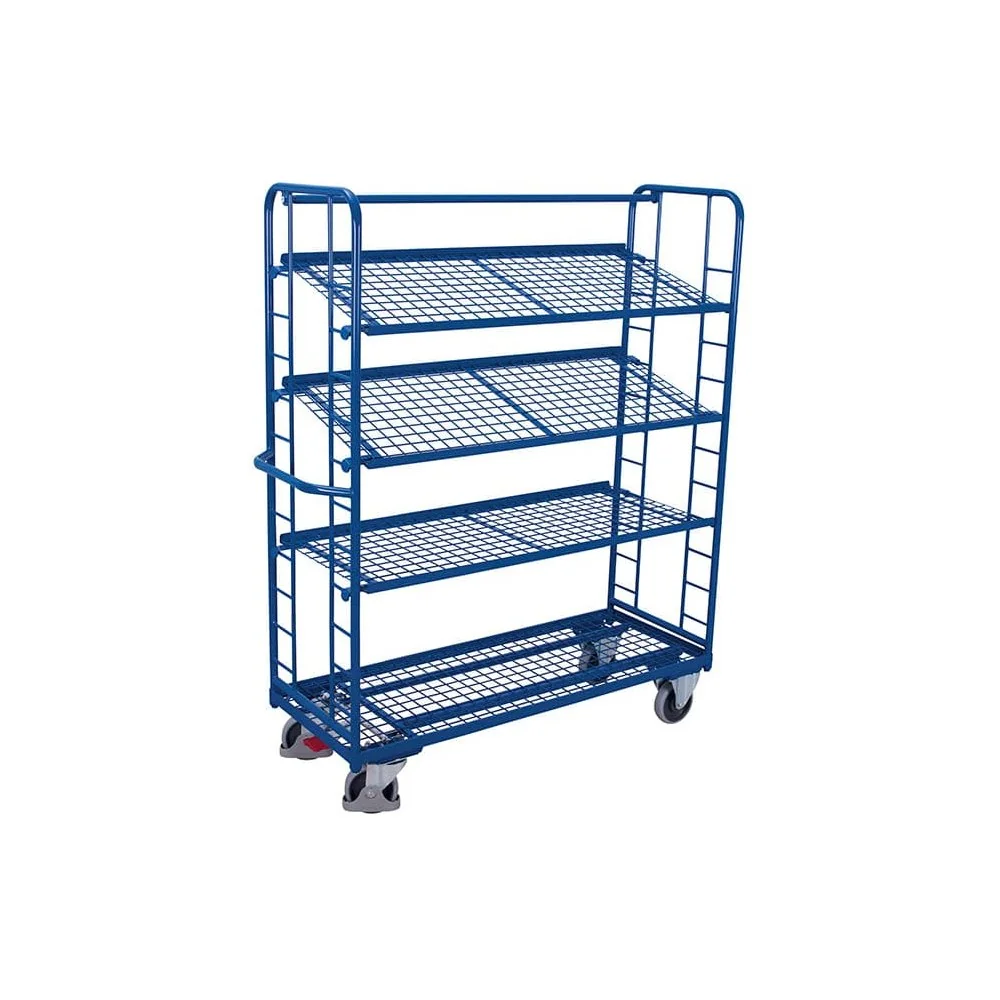 "Chariot à étagères avec 4 étagères grillagées, revêtement en poudre 250 kg Type M + EasySTOP image"