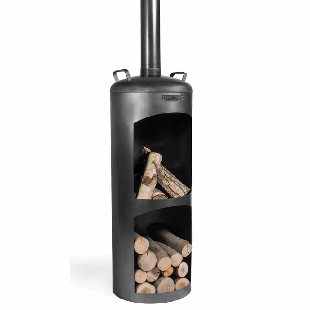 "Cheminée d'Extérieur FARO en Acier Naturel avec Compartiment à Bois image"
