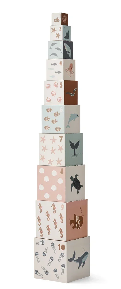 Liewood Blocs de construction imprimés en carton - Aaren, jouet éducatif pour tout-petits dès 18 mois, couleur : Sea creature/sandy mix