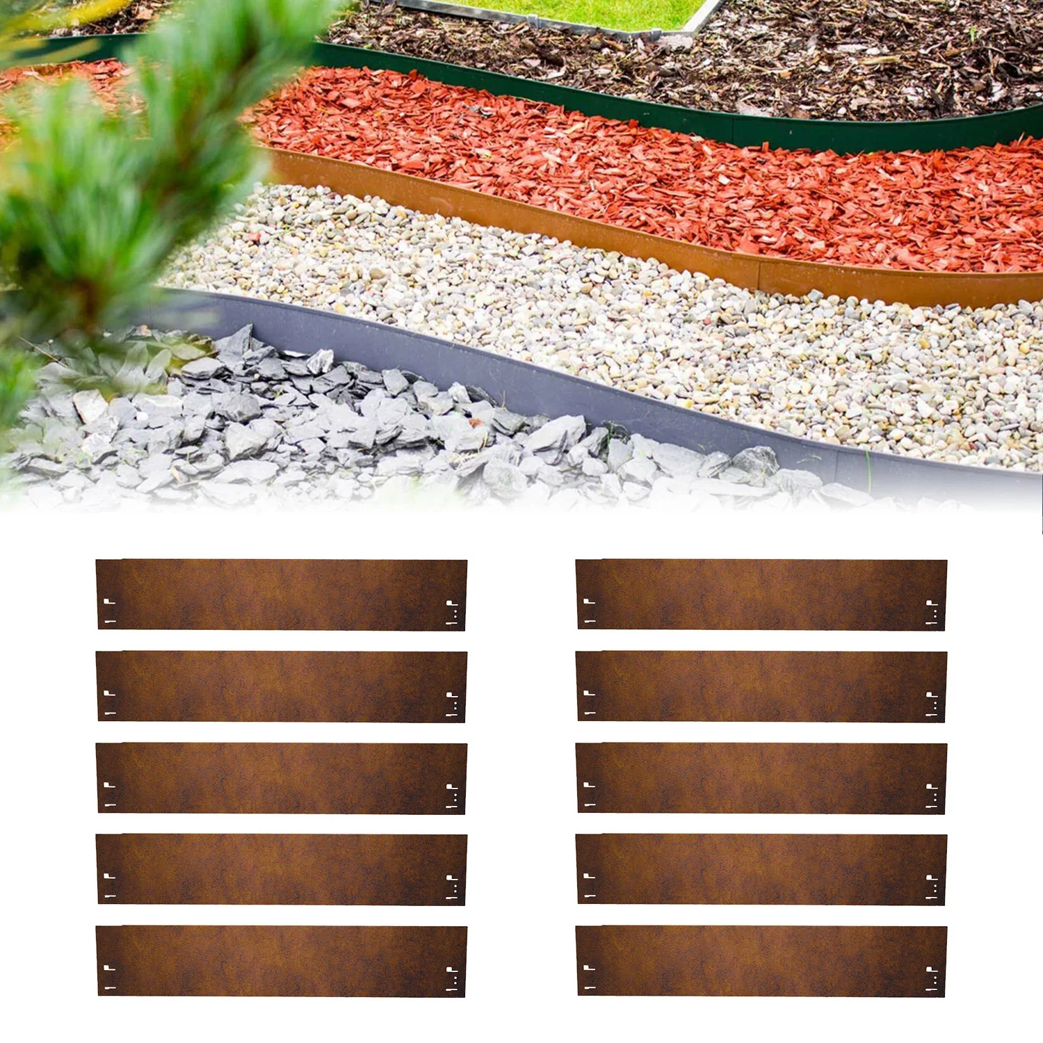 "Jeu de 10 Bordure jardin Acier corten, 120 cm de long, 13,5 - 18,5 cm de hauteur, bordure de jardin, Large: 18.5 cm image"