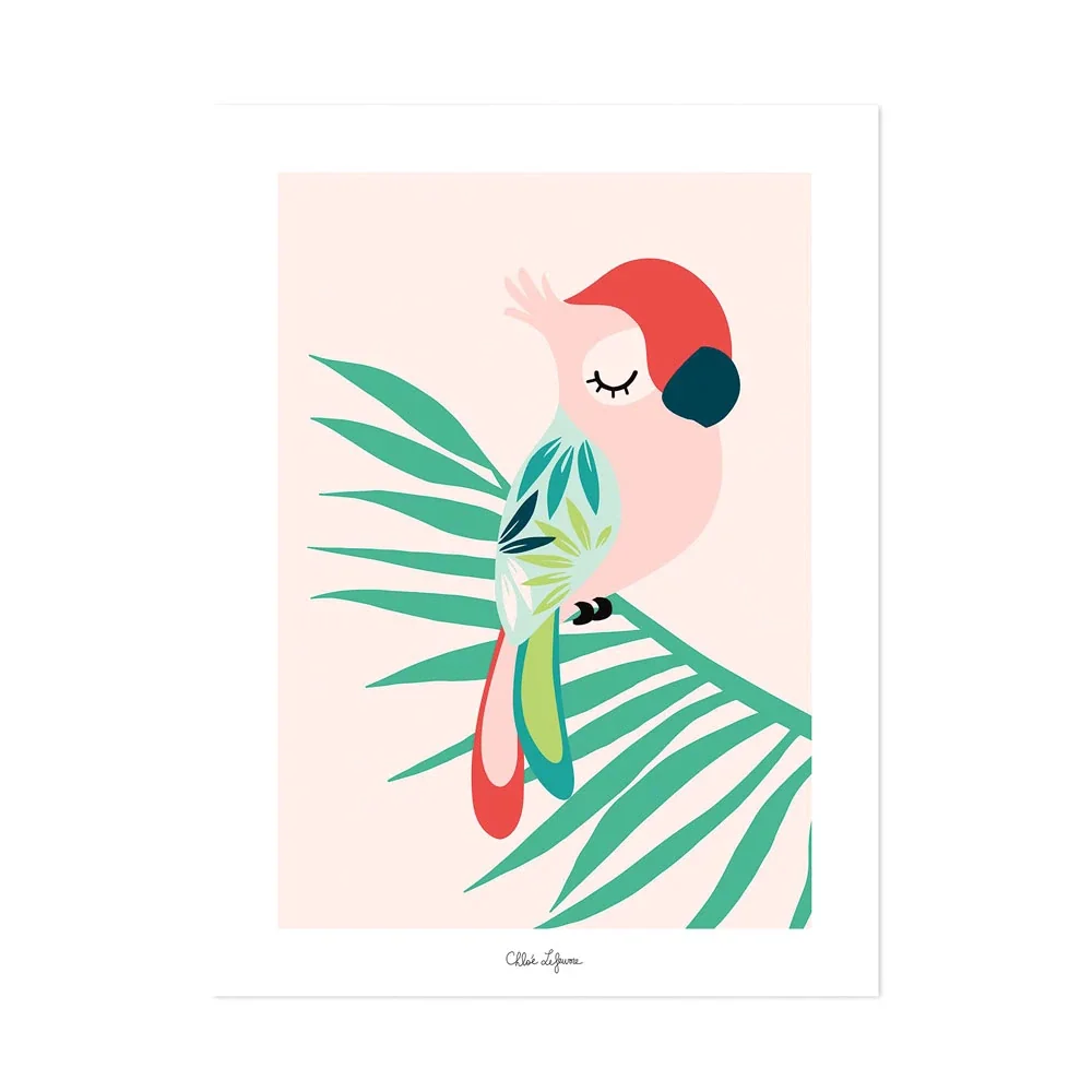 Lilipinso Poster perroquet endormi rose rouge vert