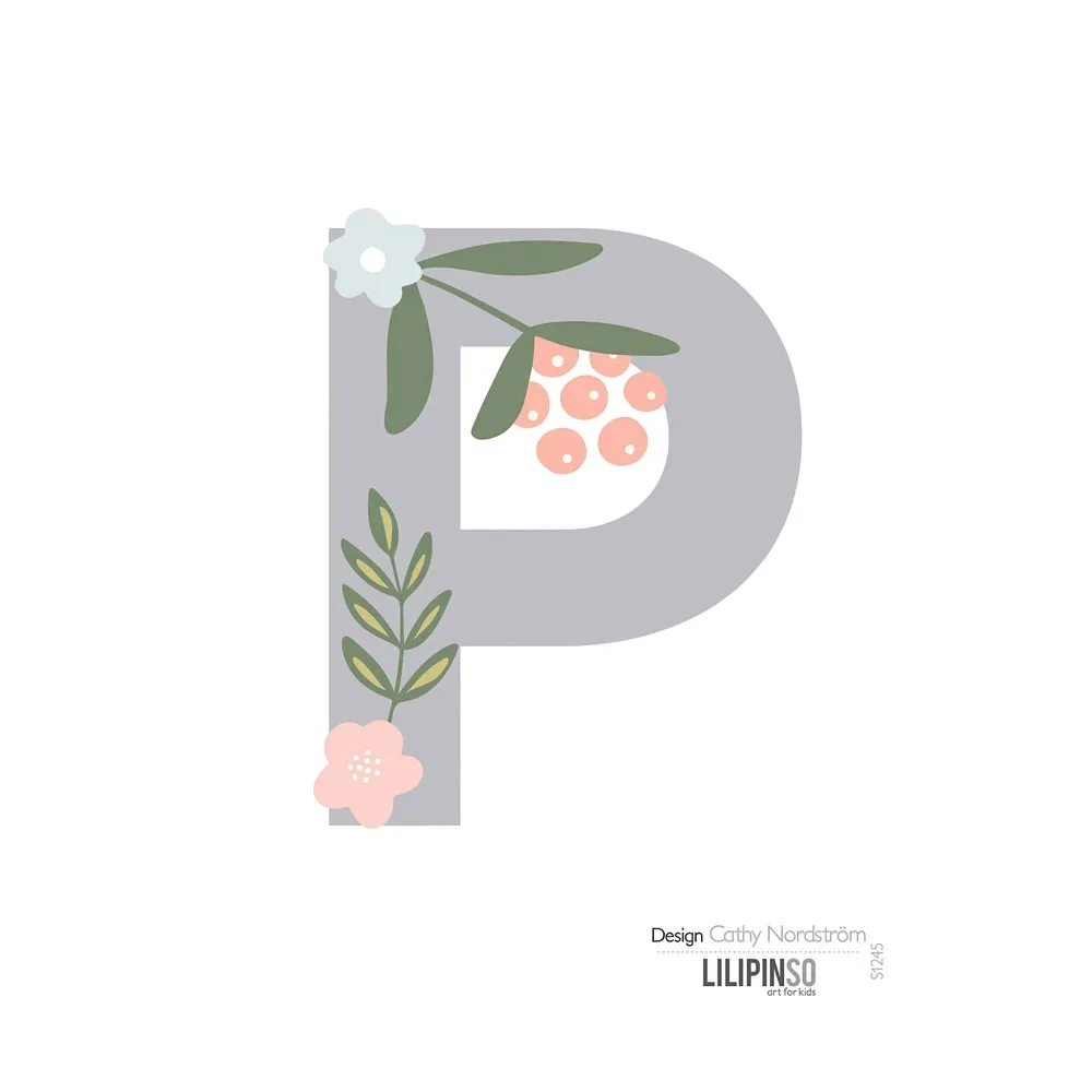 "Lilipinso Sticker lettre avec fleurs gris rose pastel P image"