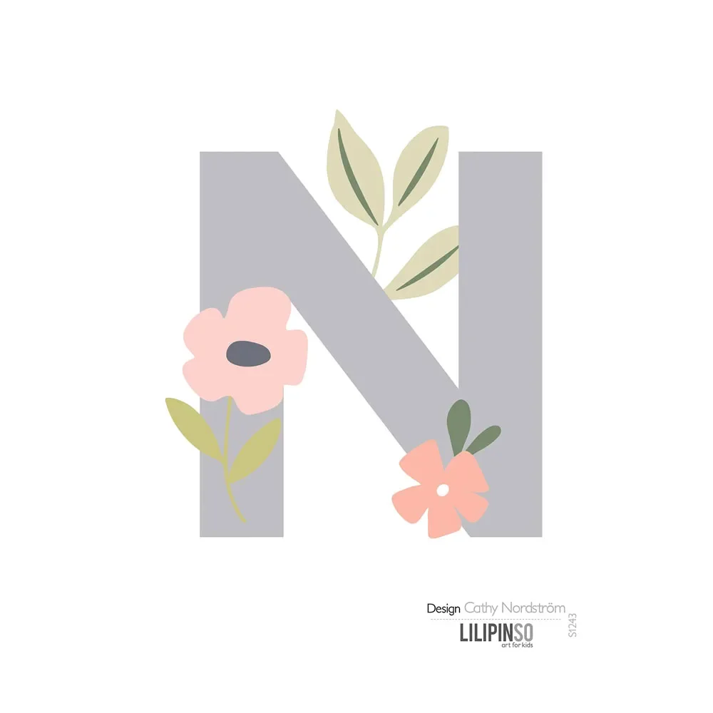 Lilipinso Sticker lettre avec fleurs gris rose pastel N