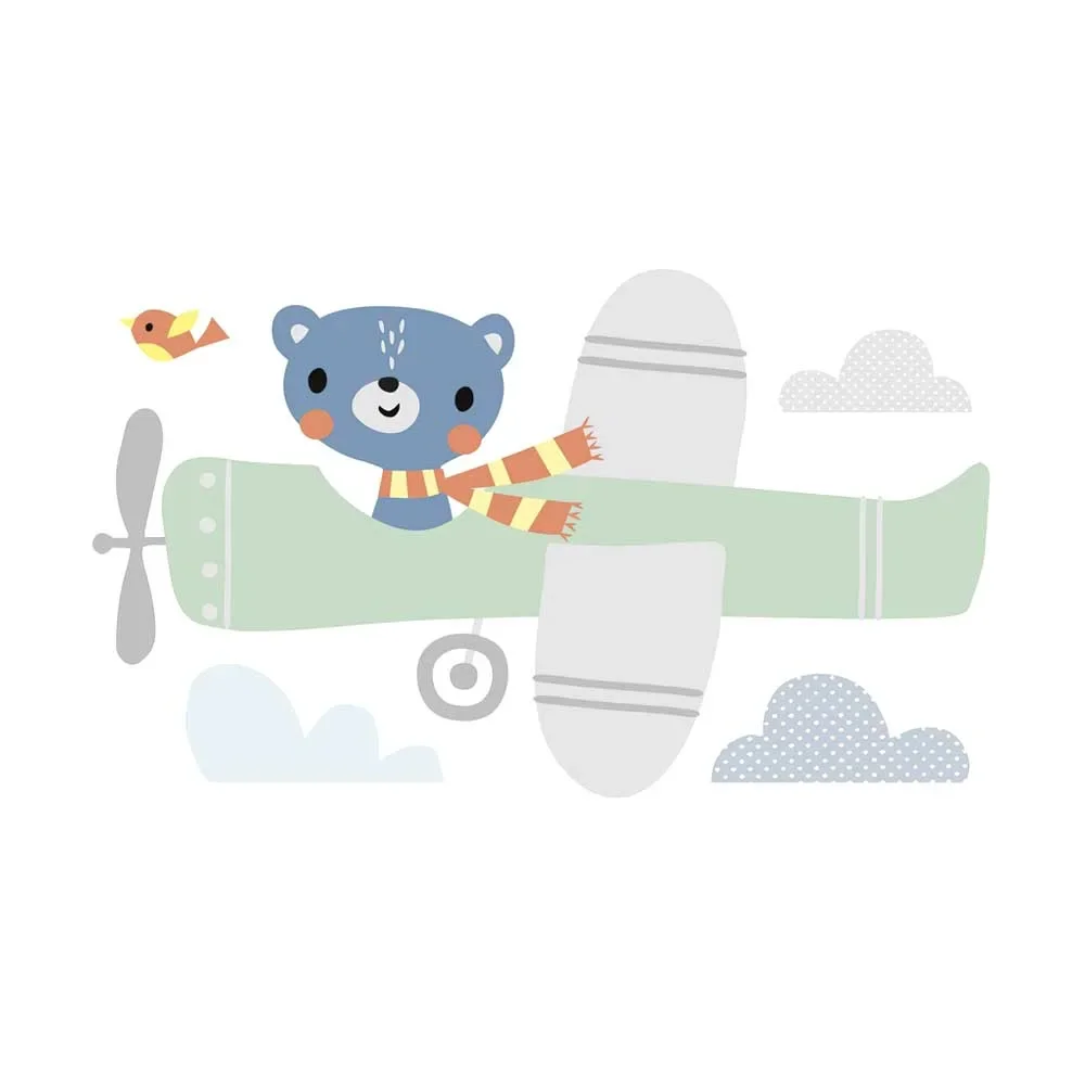 "Lilipinso stickers muraux XL ours en avion gris vert image"