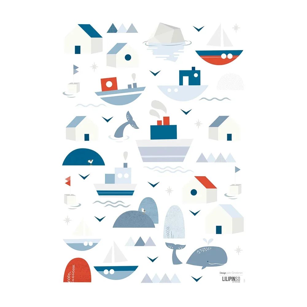 "Lilipinso stickers muraux A3 bateaux maisons et baleines gris bleu rouge image"