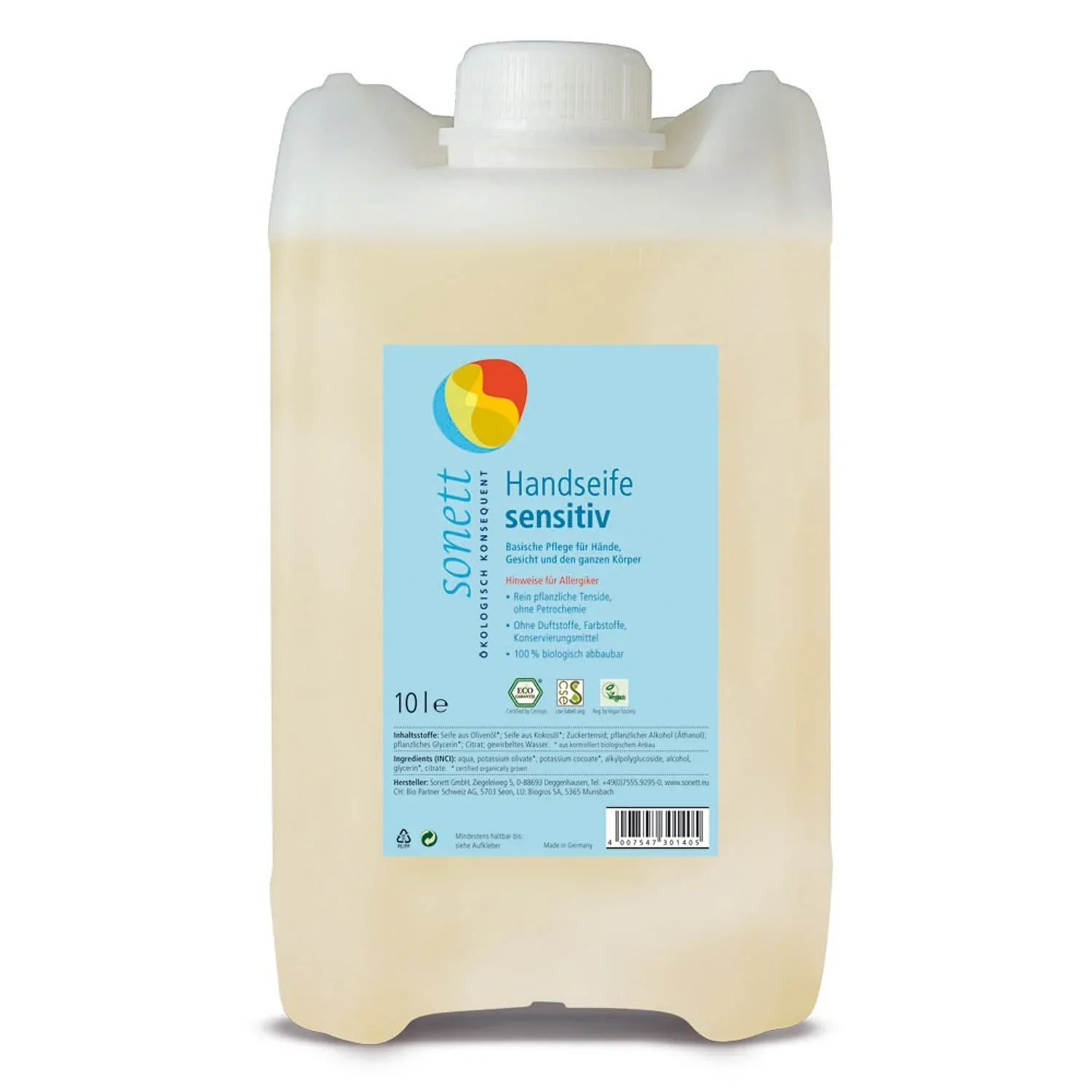 Savon mains sensible 10 litres, savon liquide neutre, usage fréquent