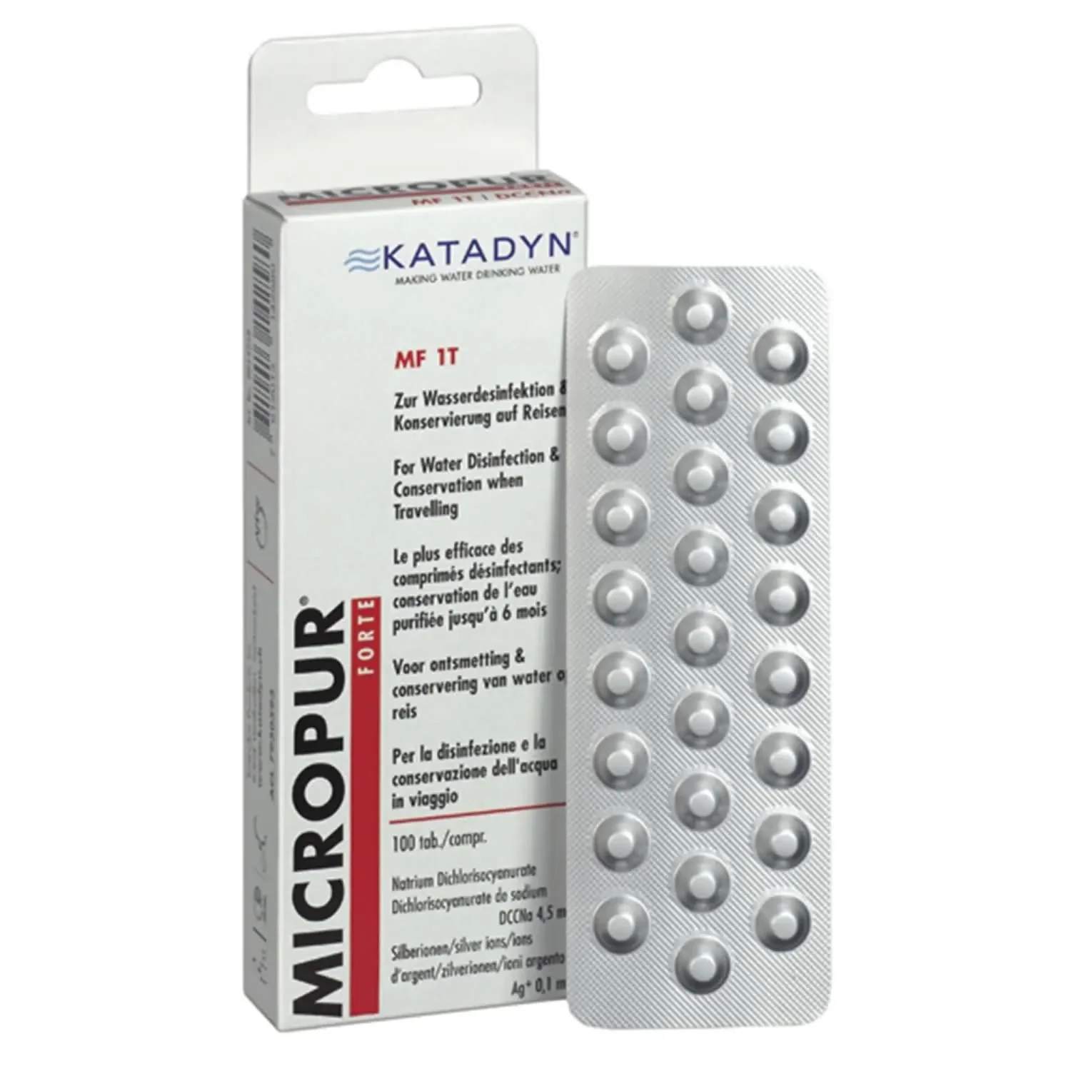 "Pastilles purification eau, 100 tablettes, desinfection eau potable, Micropur Forte MF 1T, purification eau voyage image"