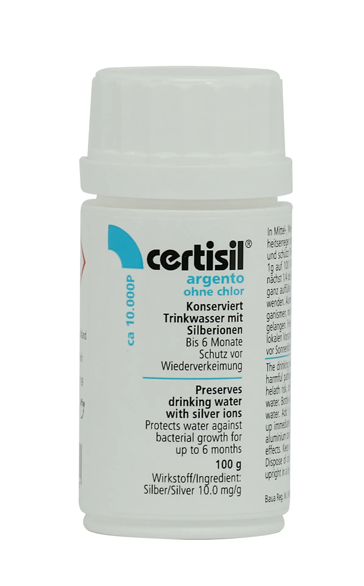 Purification eau sans chlore, Certisil Argento CA 10.000 P, 100g poudre sans chlore, desinfection eau potable