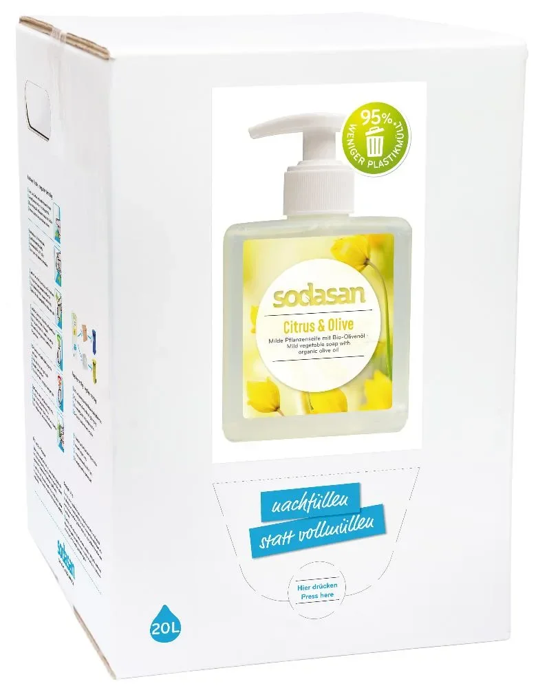 Savon liquide agrumes olive, 20 litres, savon grand format, recharge