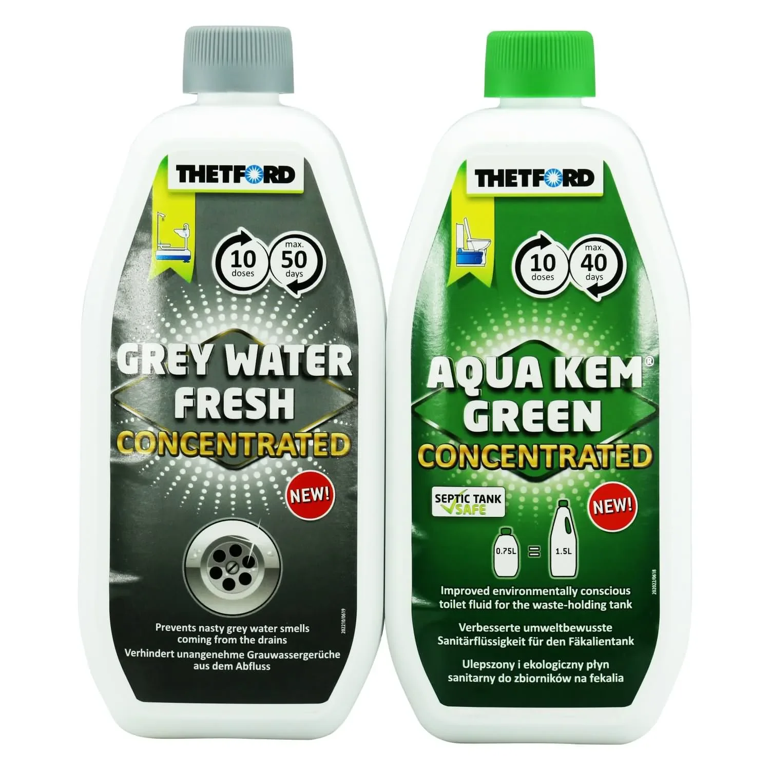 "Produit toilette chimique camping, nettoyant réservoir eaux grises camping car, Aqua Kem Green 0,75L & Grey Water Fresh 0,80L image"