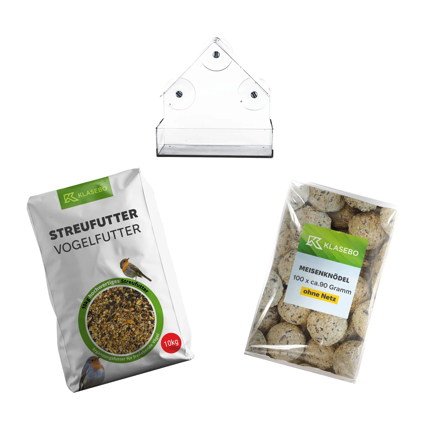 "Kit Nourriture pour Oiseaux Fenêtre Starter - Premium Fourrage à Épandre 10 kg, Mangeoire pour Vitre de Fenêtre 1 pièce, Boulettes pour Mésanges sans Filet 100 pièces à 90 g image"