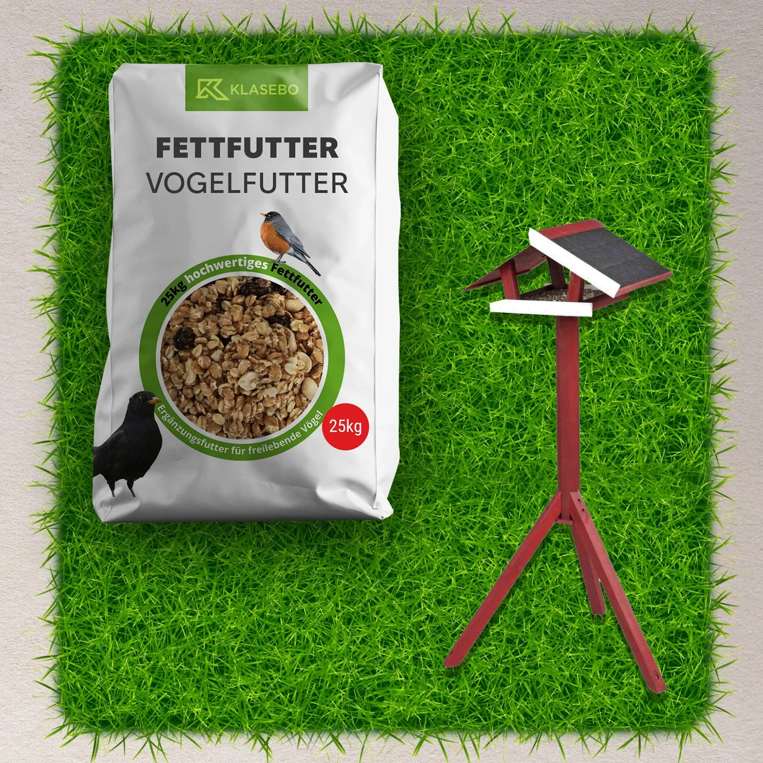 "Set Nourriture pour Oiseaux Complète 25kg – Nourriture Premium pour Oiseaux Sauvages 25kg, Mangeoire pour Oiseaux Debout avec Support en Bois rouge/blanc 1 pièce. image"