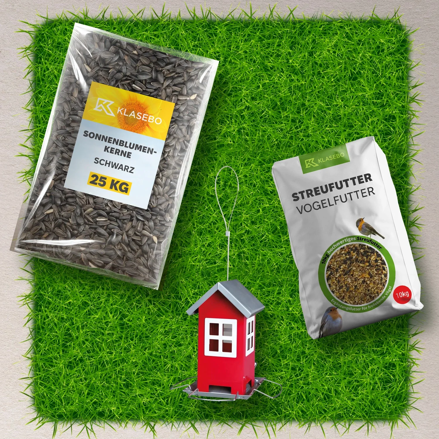 "Ensemble station d'alimentation pour oiseaux - nourriture dispersée pour oiseaux sauvages 10 kg, mangeoire suspendue rouge 1 pièce, graines de tournesol oléagineuses noires 25 kg image"