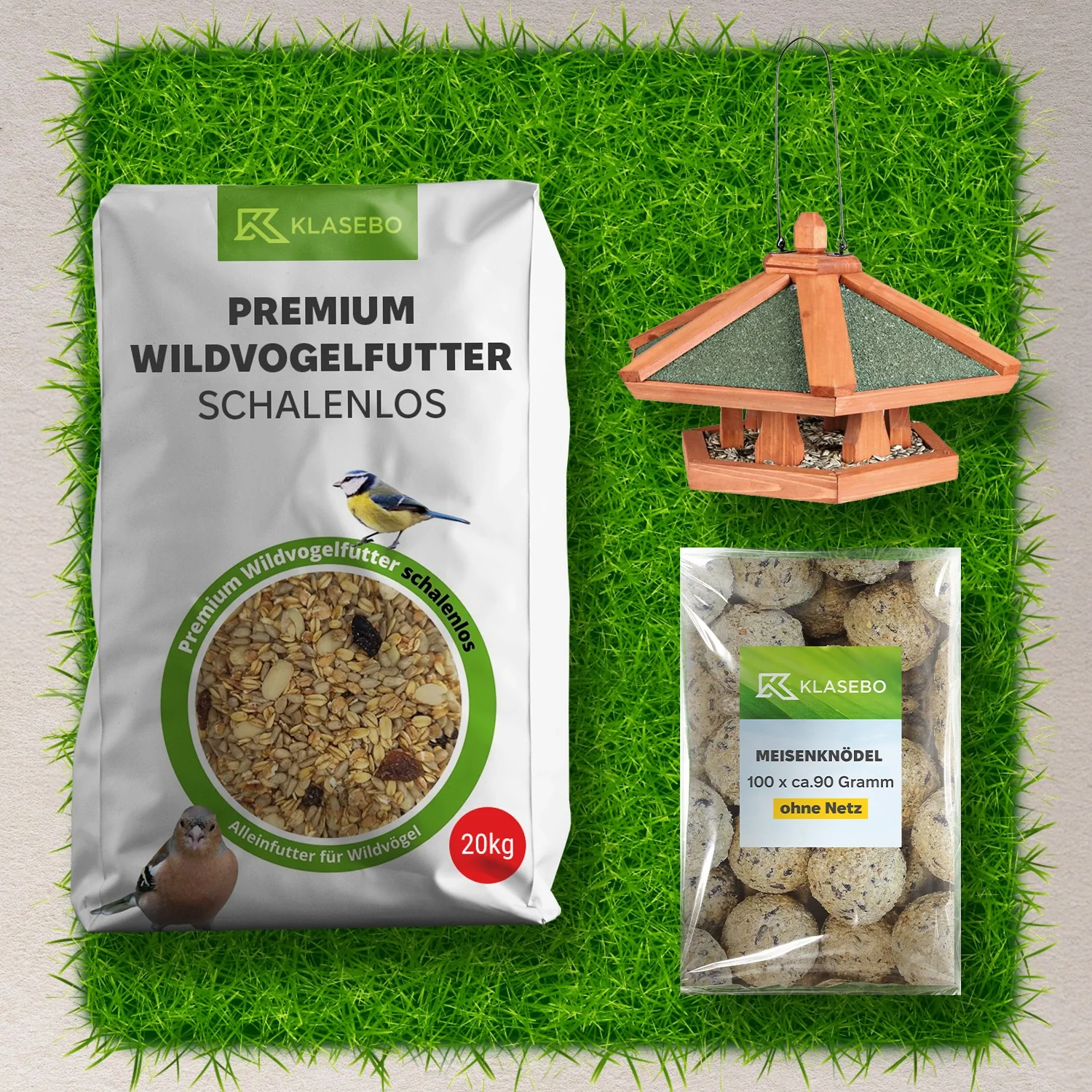 "Set Nourriture pour Oiseaux Sauvages Complet – Boulettes pour Mésanges avec Insectes 100 Pcs. à env. 90g sans filet, mangeoire suspendue en bois de pin 42x24cm, Nourriture Premium pour Oiseaux Sauvages sans coque 20kg image"
