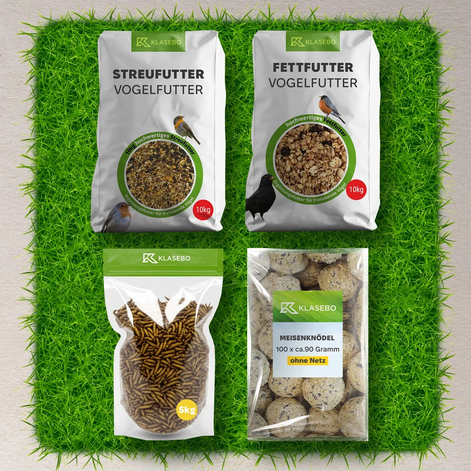 "Set de nourriture premium pour oiseaux sauvages – Nourriture à épandre 10 kg, larves de soldat séchées 5 kg, boules de graisse 100 pcs. de 90 g chacune, mélange de suif haute énergie 10 kg image"