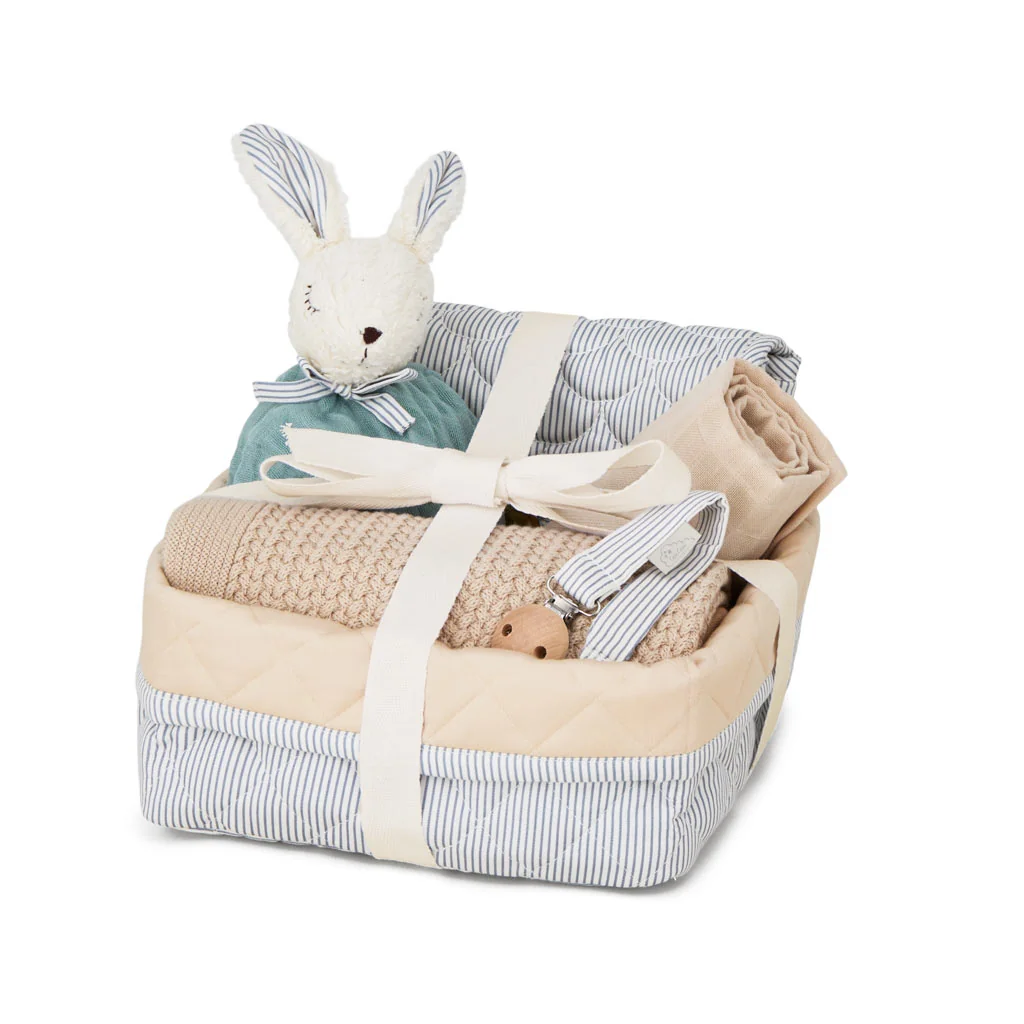 "Panier cadeau naissance garçon rayures bleues, décoration baby shower, rangement bébé image"