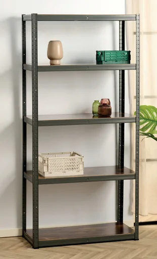 "Heavy-duty shelving unit with 5 MDF shelves in wood look image"