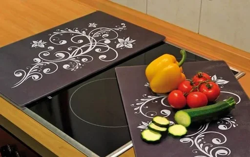 "3 en 1 plaques de protection de cuisinière, planches à découper, "Nero", en vitrocéramique, motif ornemental, 52 x 30 cm, lot de 2 image"