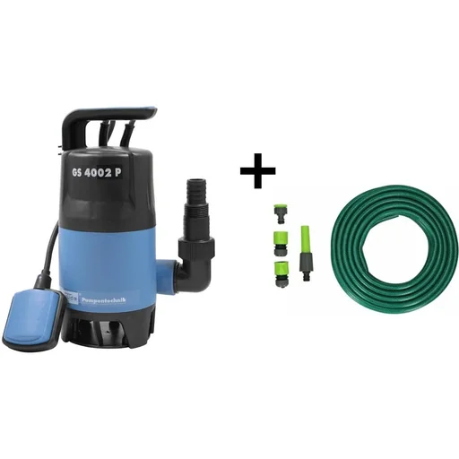 "Dirty water submersible pump set including 15 meter garden hose with nozzle and connections image"
