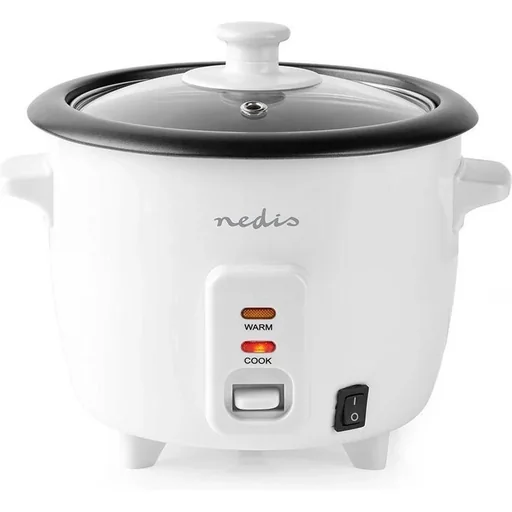 "Nedis Rice Cooker Removable Pan 0.6L Steamer Basket Glass Lid Incl. Measuring Cup and Ladle 300W White image"