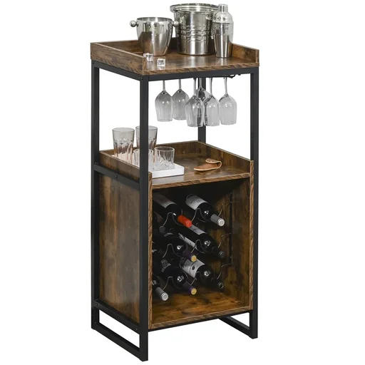"Wine rack 9 bottles wine cabinet bottle rack with 2 open shelves and glass holder black+brown 52 x 40 x 113 cm image"