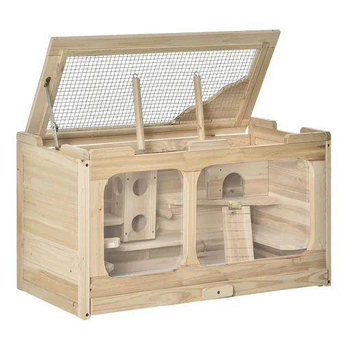 "Hamster cage wooden rodent cage mouse cage with ramp swing rodent villa top hinged solid wood PS natural 78 x 40 x 44 image"