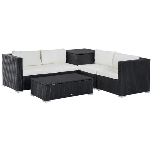 "6-piece polyrattan garden furniture set with cushions, lounge table with storage, steel, luxurious black and cream image"
