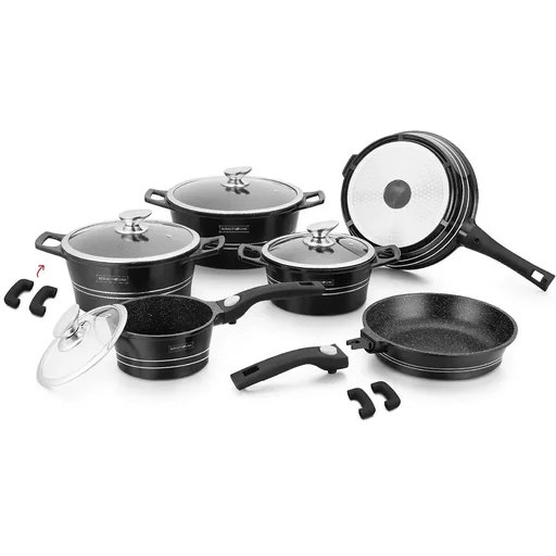"15 pieces marble-coated pans - with removable handles - with grill pan - black image"