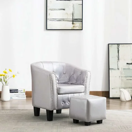 "Bucket seat with footstool faux leather shiny silver image"