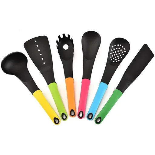 "7-piece kitchen accessory set - multicolor - serving spoon, spatula, spaghetti spoon, ladle, spatula, skimmer image"