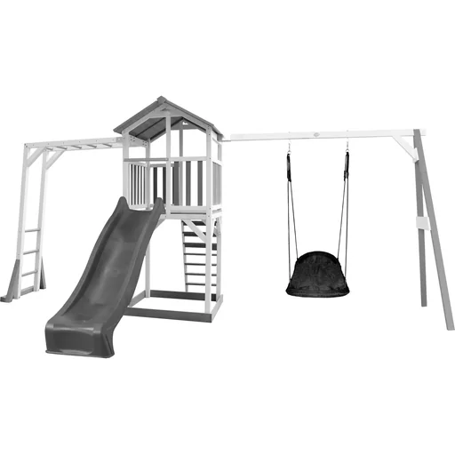 "Beach Tower play tower with climbing frame and Roxy nest swing - grey slide image"