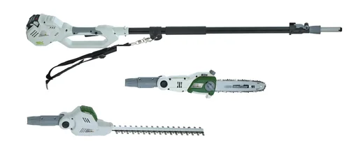 "Cordless telescopic 3-in-1 garden set - consisting of hedge trimmer and chainsaw attachment with battery and charger image"