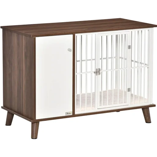"Wooden dog cage with cabinet cushion table surface raised design dog crate for medium small dogs indoor home image"