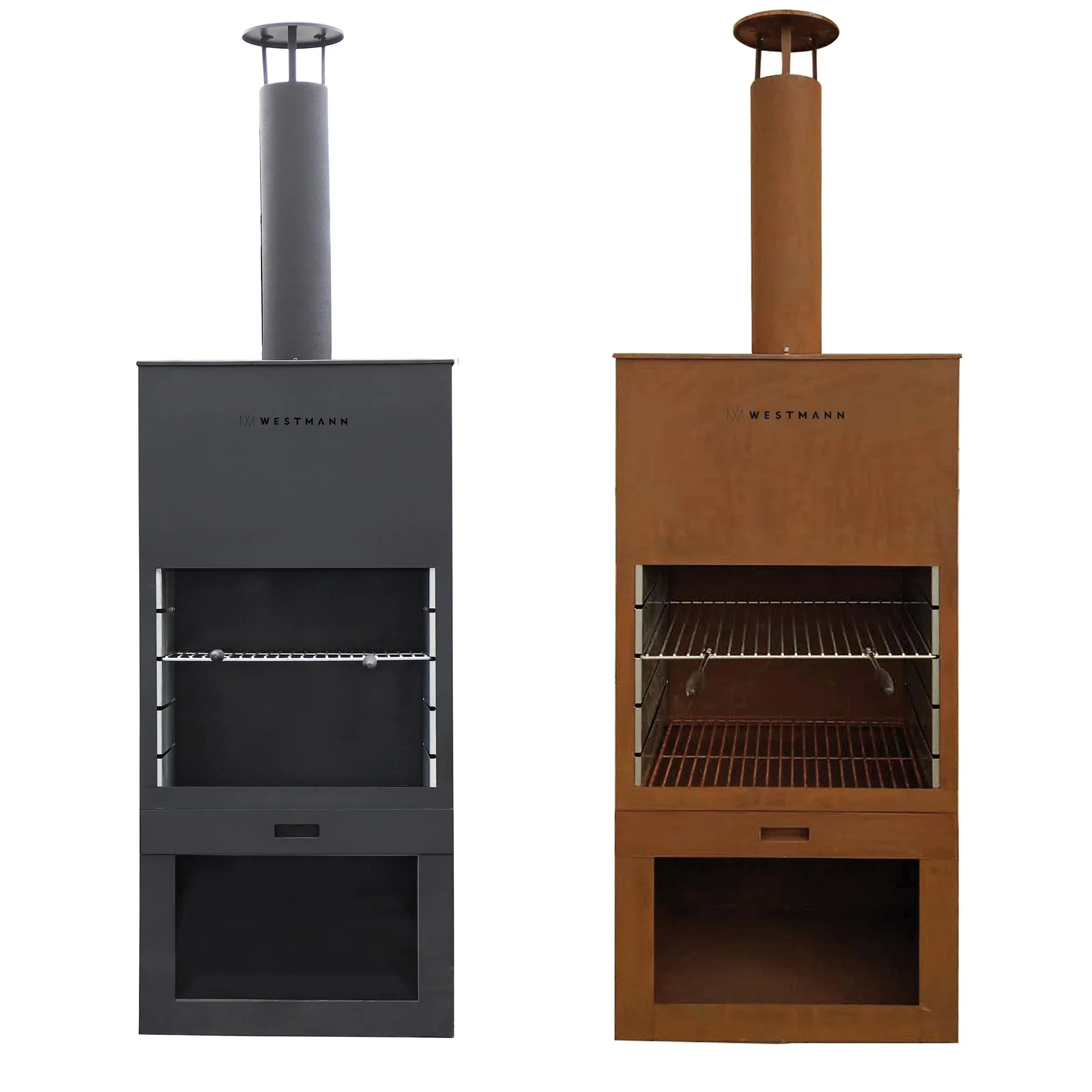 "Cheminée de terrasse Westmann, 70×41×229 cm, Rouille – incl. grille de barbecue et compartiment à bois image"