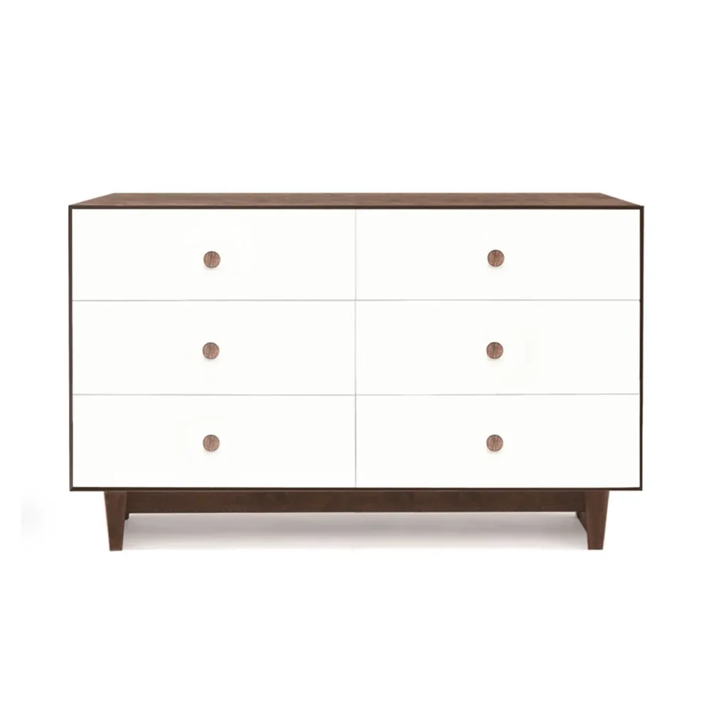 "Oeuf Commode Merlin 6 tiroirs blanc/noyer pieds Rhea, Couleur des pieds: bouleau image"