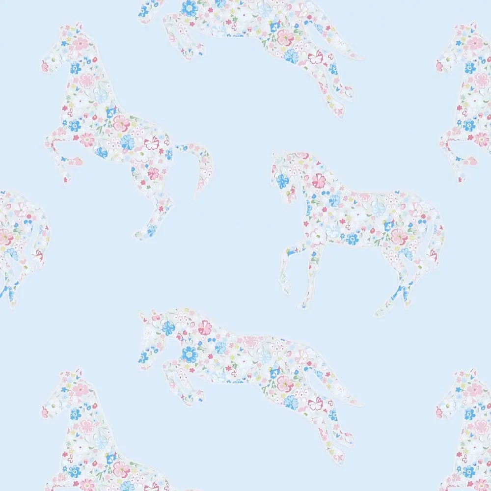 "Little Sanderson Abracazoo papier peint fleurs chevaux bleu clair image"