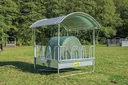 Compact square hay rack with palisade feeding grid and trough