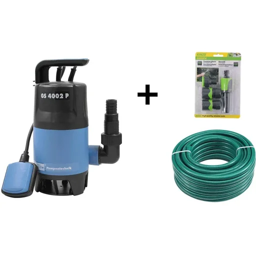 "Submersible pump set including 10 meter garden hose with garden sprinkler and connections image"