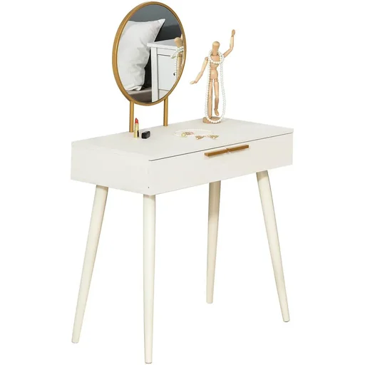 "Dressing table, modern cosmetic table with mirror, drawer, bedroom, wood, white, 80 x 40 x 123 cm image"