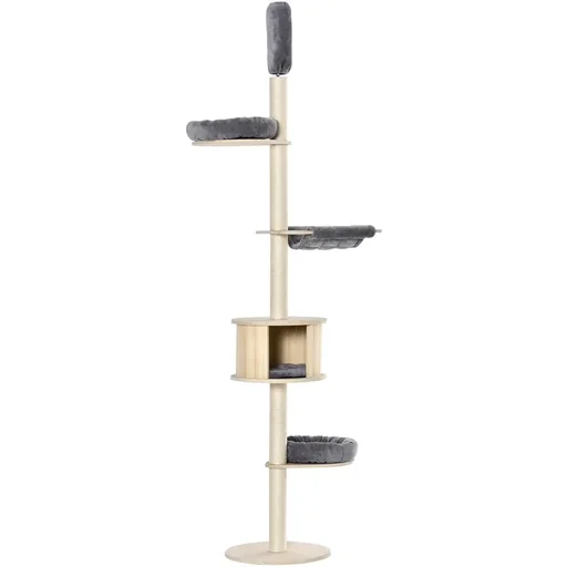 "Scratching post cat tree ceiling height climbing tree with wooden cat cave sisal plush height adjustable gray 50 x 50 x 232-252 cm image"