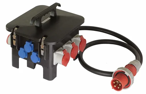 "Construction site power distributor M6 connection CEE 400V, 63A, 3 sockets 230V, 3+3 CEE sockets 400V image"