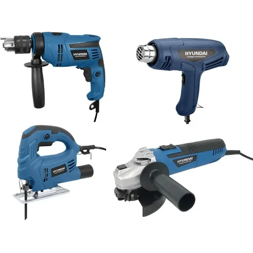 "XL power tool set: impact drill, jigsaw, hot air gun and angle grinder image"