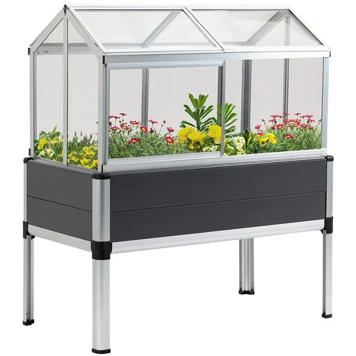 "Raised bed with cold frame attachment made of aluminum for garden terrace balcony herb bed planter gray 113.5 x 61 x 128.5 image"